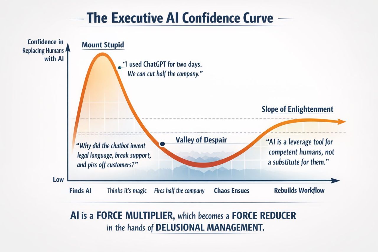 The Executive AI Confidence Curve: confidence in replacing humans with AI spikes at 'Mount Stupid,' crashes into the 'Valley of Despair,' and recovers along the 'Slope of Enlightenment.' Caption: AI is a force multiplier, which becomes a force reducer in the hands of delusional management.